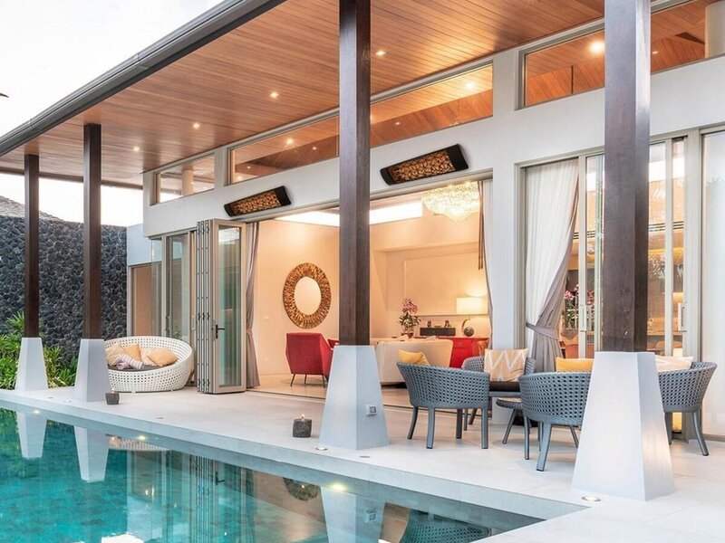 Eurofase electric infrared heaters over a poolside patio — view 4